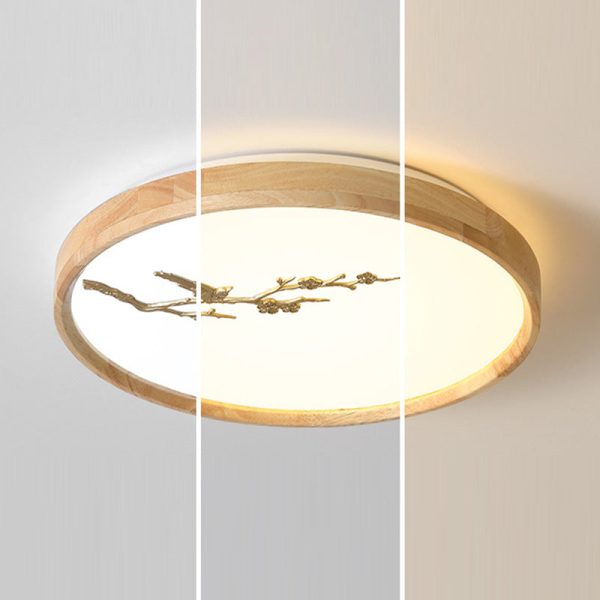 Traditional Japanese Round Twig Birdie PC Wood LED Flush Mount Ceiling Light For Bedroom - Image 14