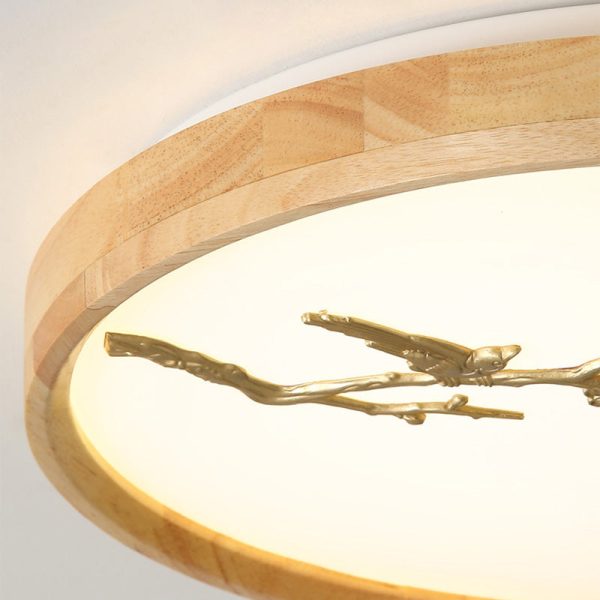 Traditional Japanese Round Twig Birdie PC Wood LED Flush Mount Ceiling Light For Bedroom - Image 10