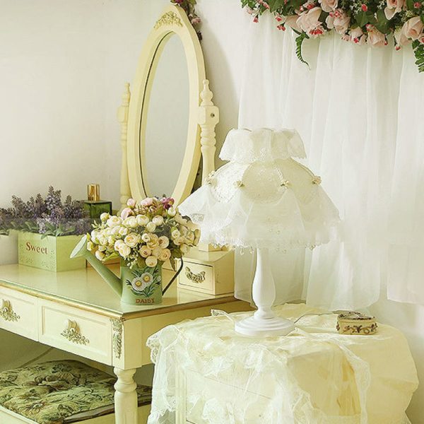 Modern Art Deco Pendant Round Lace Fabric Resin 1-Light Table Lamp For Bedroom - Image 15