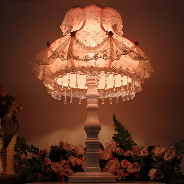 Modern Art Deco Pendant Round Lace Fabric Resin 1-Light Table Lamp For Bedroom - Image 8