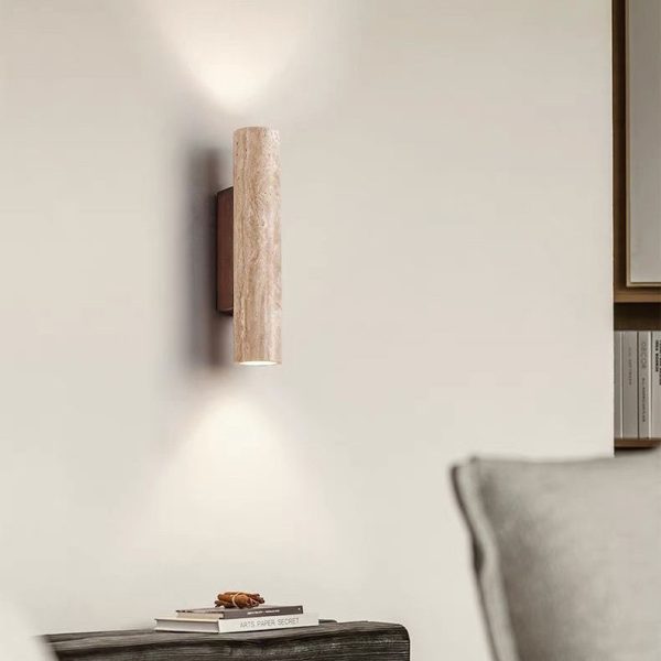 Contemporary Scandinavian Cylinder Round Yellow Travertine Wood 2-Light Wall Sconce Lamp For Living Room - Image 11