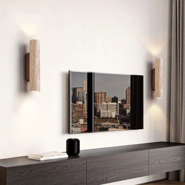 Contemporary Scandinavian Cylinder Round Yellow Travertine Wood 2-Light Wall Sconce Lamp For Living Room - Image 2