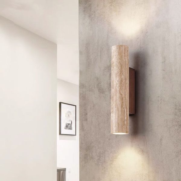 Contemporary Scandinavian Cylinder Round Yellow Travertine Wood 2-Light Wall Sconce Lamp For Living Room - Image 12