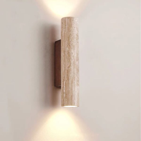 Contemporary Scandinavian Cylinder Round Yellow Travertine Wood 2-Light Wall Sconce Lamp For Living Room - Image 16