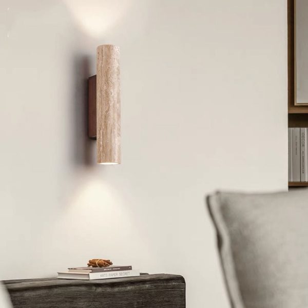 Contemporary Scandinavian Cylinder Round Yellow Travertine Wood 2-Light Wall Sconce Lamp For Living Room - Image 3