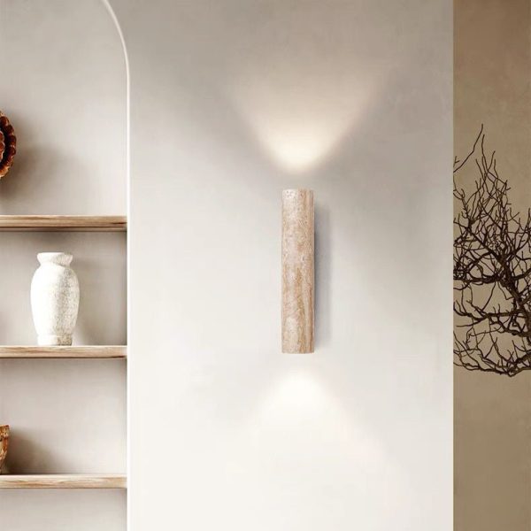 Contemporary Scandinavian Cylinder Round Yellow Travertine Wood 2-Light Wall Sconce Lamp For Living Room - Image 15