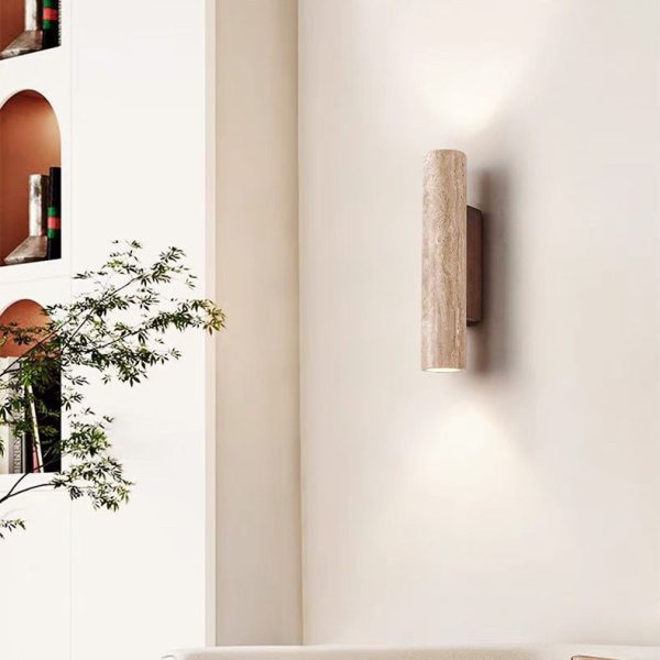 Contemporary Scandinavian Cylinder Round Yellow Travertine Wood 2-Light Wall Sconce Lamp For Living Room - Image 17