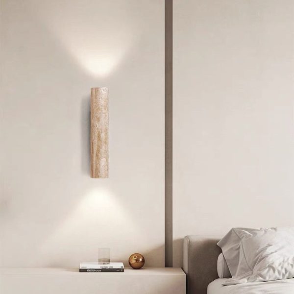 Contemporary Scandinavian Cylinder Round Yellow Travertine Wood 2-Light Wall Sconce Lamp For Living Room - Image 10