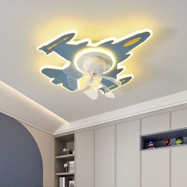 Modern Art Deco Airplane Shape Acrylic Iron LED Flush Mount Ceiling Fan Light For Bedroom