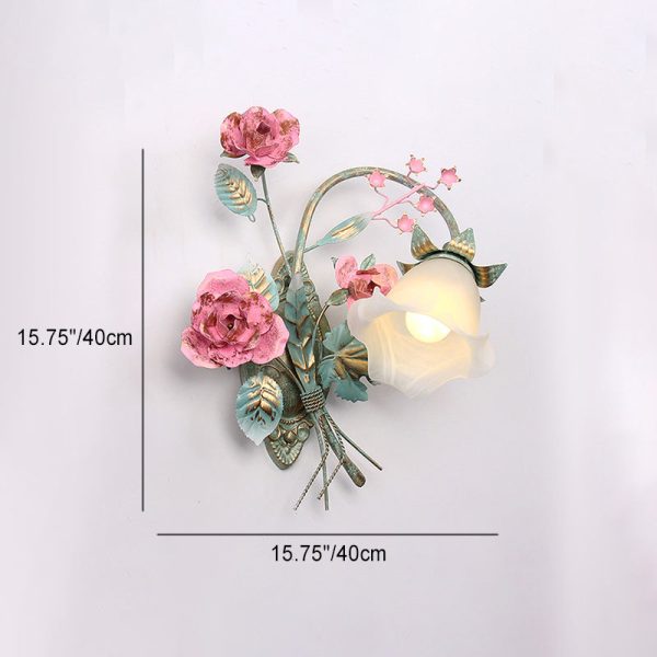 Traditional Rustic Rose Floral Glass Iron 1-Light Wall Sconce Lamp For Living Room - Image 4
