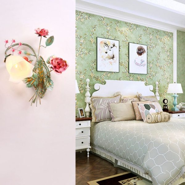 Traditional Rustic Rose Floral Glass Iron 1-Light Wall Sconce Lamp For Living Room - Image 9