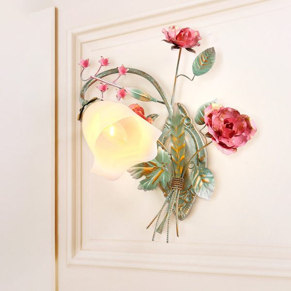Traditional Rustic Rose Floral Glass Iron 1-Light Wall Sconce Lamp For Living Room - Image 12