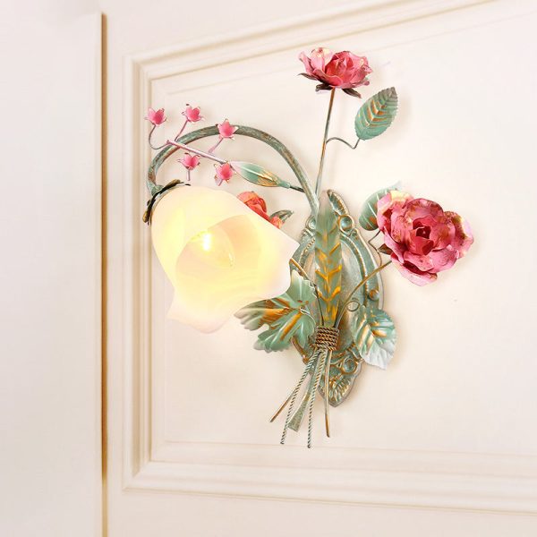 Traditional Rustic Rose Floral Glass Iron 1-Light Wall Sconce Lamp For Living Room - Image 13