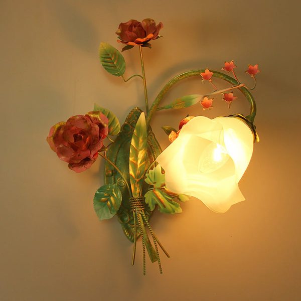 Traditional Rustic Rose Floral Glass Iron 1-Light Wall Sconce Lamp For Living Room - Image 3