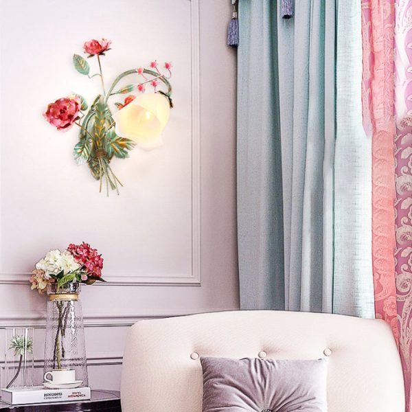 Traditional Rustic Rose Floral Glass Iron 1-Light Wall Sconce Lamp For Living Room - Image 2