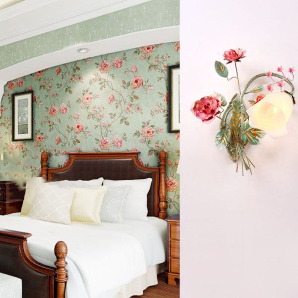Traditional Rustic Rose Floral Glass Iron 1-Light Wall Sconce Lamp For Living Room - Image 11