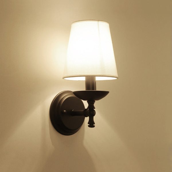 Traditional Rustic Round Cylinder Fabric Iron 1-Light Wall Sconce Lamp For Bedroom - Image 3