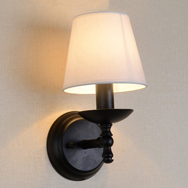 Traditional Rustic Round Cylinder Fabric Iron 1-Light Wall Sconce Lamp For Bedroom - Image 6