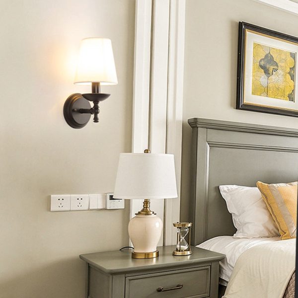 Traditional Rustic Round Cylinder Fabric Iron 1-Light Wall Sconce Lamp For Bedroom - Image 8