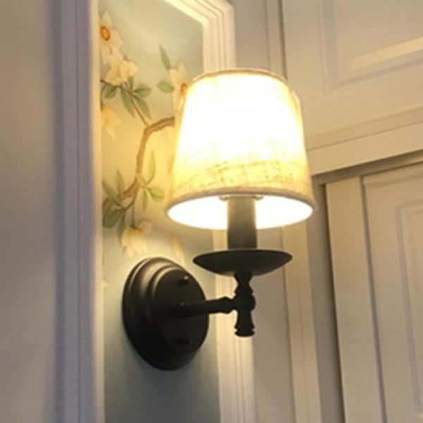 Traditional Rustic Round Cylinder Fabric Iron 1-Light Wall Sconce Lamp For Bedroom - Image 2