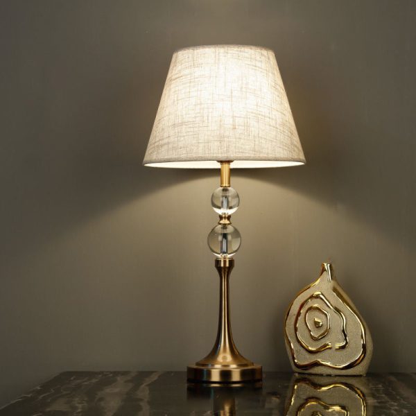 Traditional Vintage Scalloped Round Beads Fabric Crystal Brass 1-Light Table Lamp For Living Room - Image 3