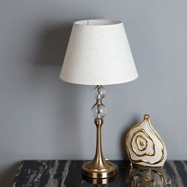 Traditional Vintage Scalloped Round Beads Fabric Crystal Brass 1-Light Table Lamp For Living Room - Image 2