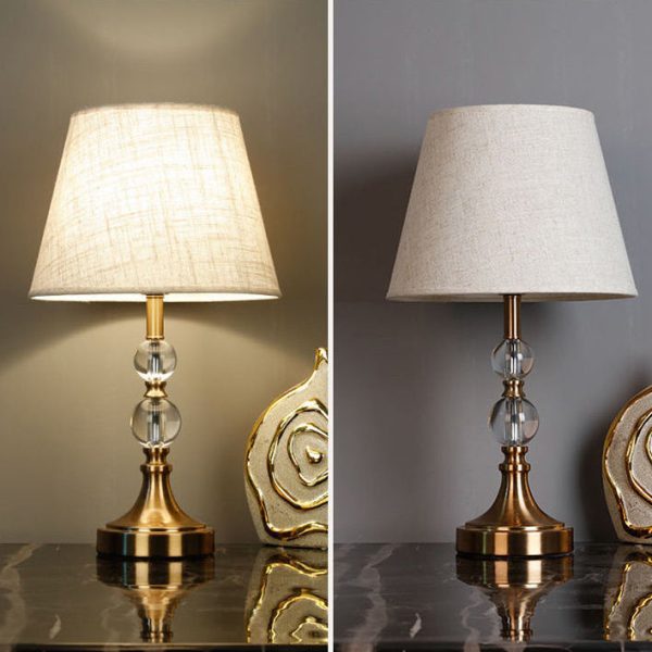 Traditional Vintage Scalloped Round Beads Fabric Crystal Brass 1-Light Table Lamp For Living Room - Image 9