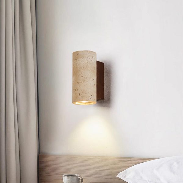 Traditional Japanese Square Cylinder Rectangle Yellow Travertine Solid Wood 1-Light Wall Sconce Lamp For Living Room