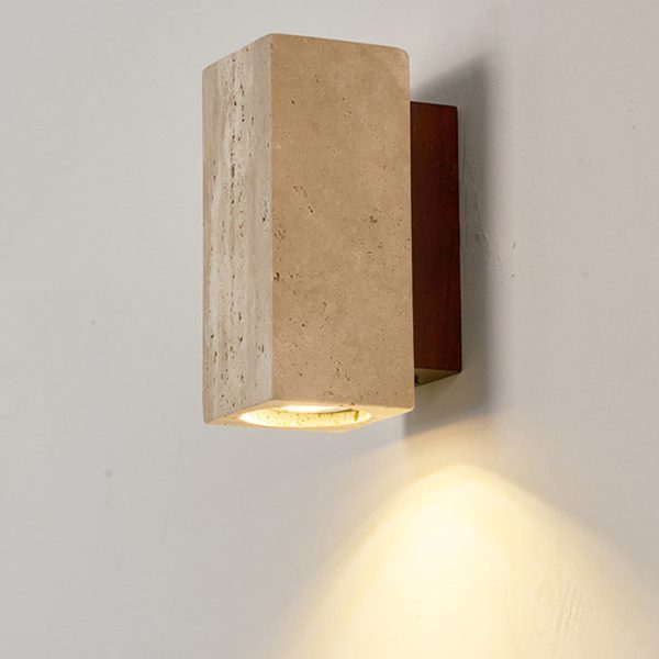 Traditional Japanese Square Cylinder Rectangle Yellow Travertine Solid Wood 1-Light Wall Sconce Lamp For Living Room - Image 2