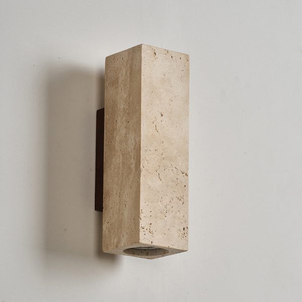 Traditional Japanese Square Cylinder Rectangle Yellow Travertine Solid Wood 1-Light Wall Sconce Lamp For Living Room - Image 3