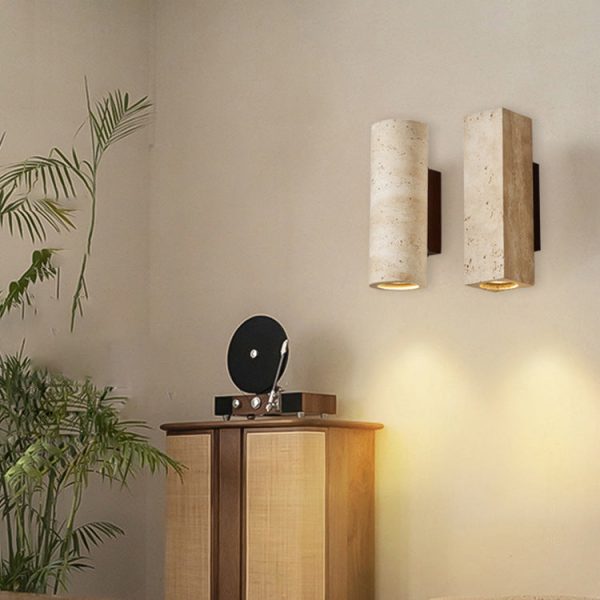 Traditional Japanese Square Cylinder Rectangle Yellow Travertine Solid Wood 1-Light Wall Sconce Lamp For Living Room - Image 5