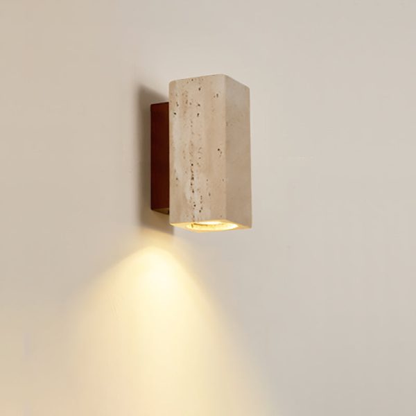 Traditional Japanese Square Cylinder Rectangle Yellow Travertine Solid Wood 1-Light Wall Sconce Lamp For Living Room - Image 9