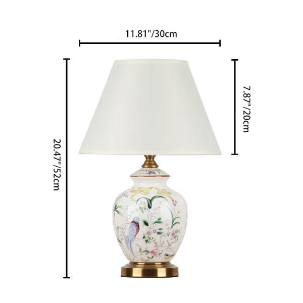 Traditional Chinese Patterned Bird Scalloped Round Fabric Ceramic 1-Light Table Lamp For Living Room - Image 4