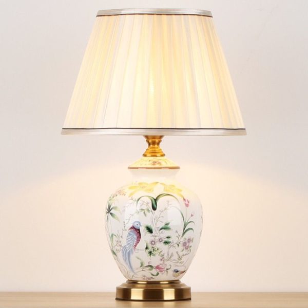 Traditional Chinese Patterned Bird Scalloped Round Fabric Ceramic 1-Light Table Lamp For Living Room - Image 2