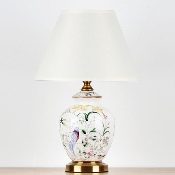 Traditional Chinese Patterned Bird Scalloped Round Fabric Ceramic 1-Light Table Lamp For Living Room - Image 7