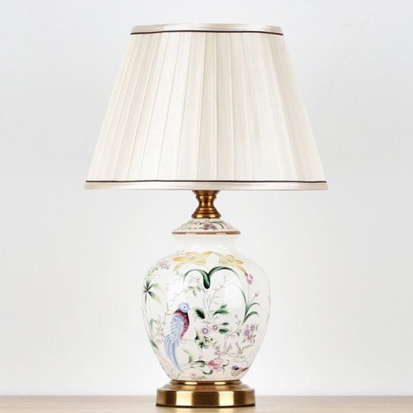 Traditional Chinese Patterned Bird Scalloped Round Fabric Ceramic 1-Light Table Lamp For Living Room - Image 3