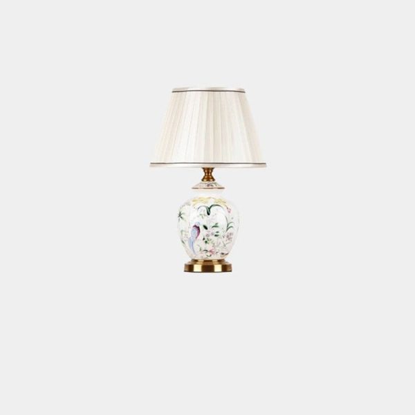 Traditional Chinese Patterned Bird Scalloped Round Fabric Ceramic 1-Light Table Lamp For Living Room - Image 9