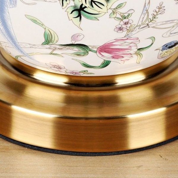 Traditional Chinese Patterned Bird Scalloped Round Fabric Ceramic 1-Light Table Lamp For Living Room - Image 5