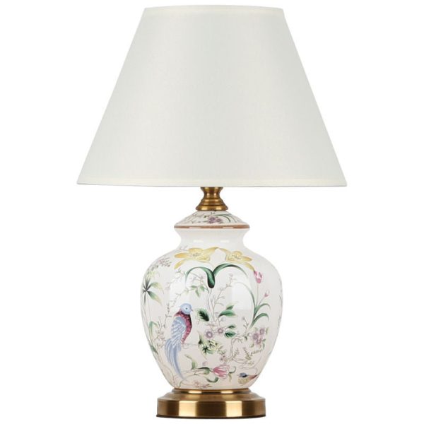 Traditional Chinese Patterned Bird Scalloped Round Fabric Ceramic 1-Light Table Lamp For Living Room - Image 8