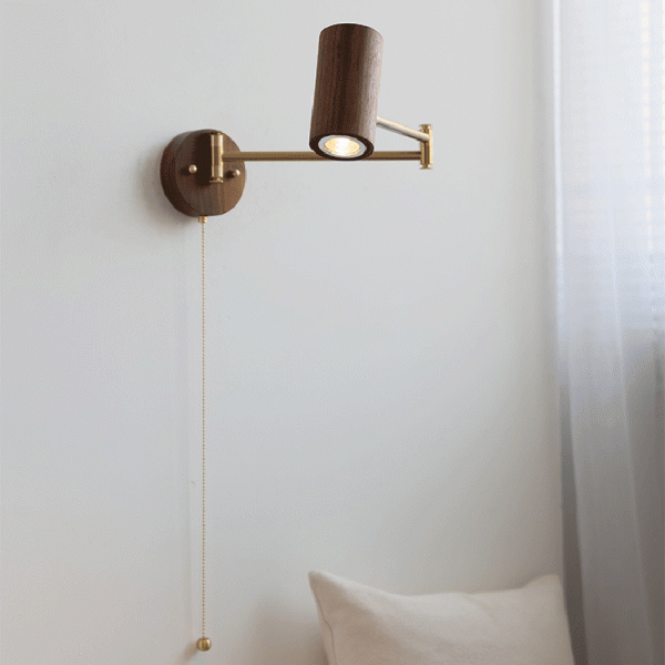 Traditional Japanese Cylinder Swing Arm Adjustable Round Wood Iron 1-Light Wall Sconce Lamp For Bedroom
