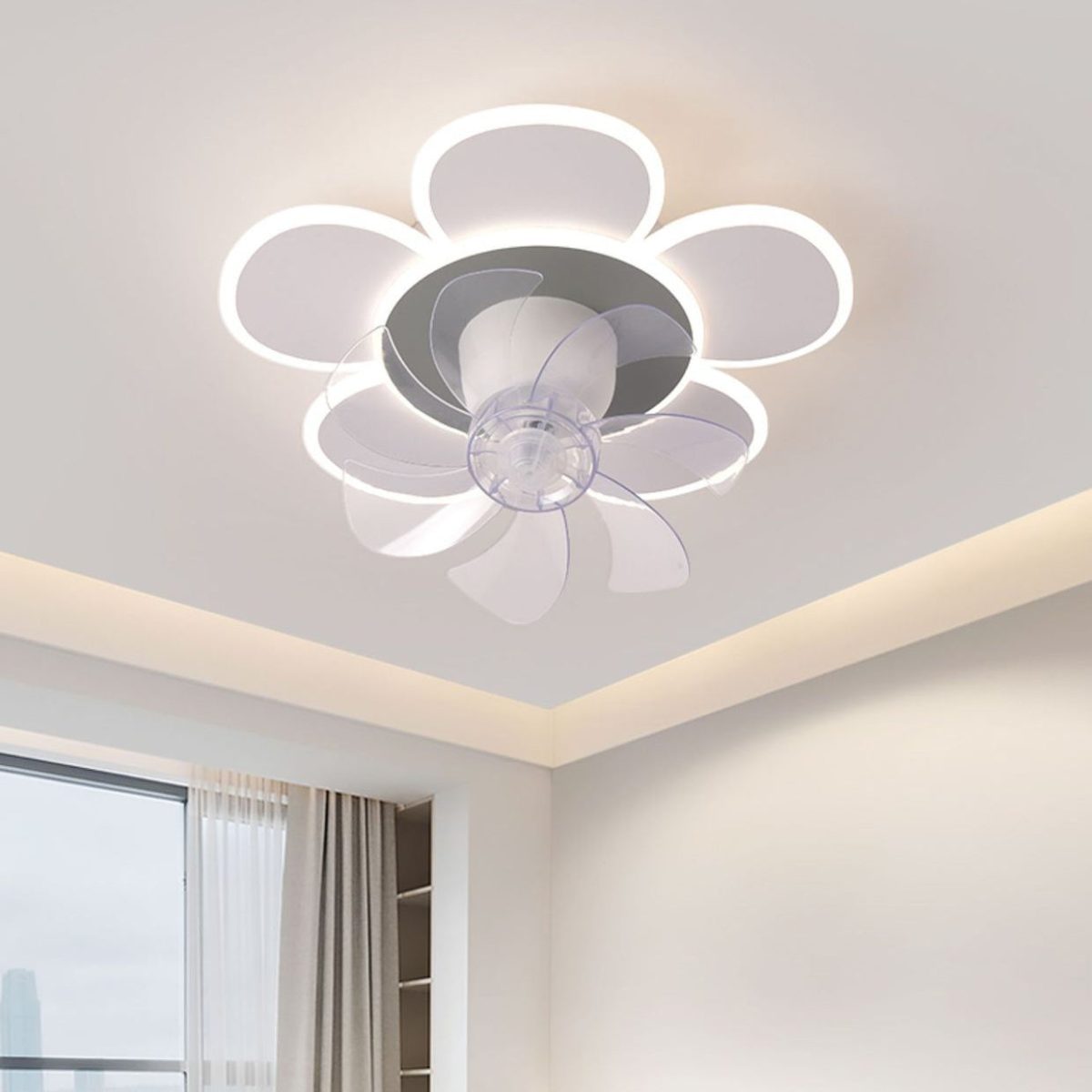 Modern Minimalist Flower Shape Round ABS Acrylic Iron LED Flush Mount Ceiling Fan Light For Bedroom - Image 1