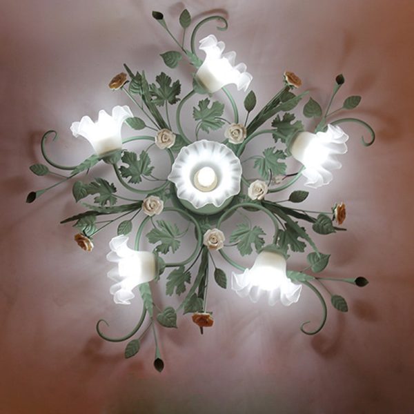 Traditional Rustic Leaf Floral Branch Glass Ceramic Iron 1/4/5/6/9 Light Semi-Flush Mount Ceiling Light For Living Room - Image 14