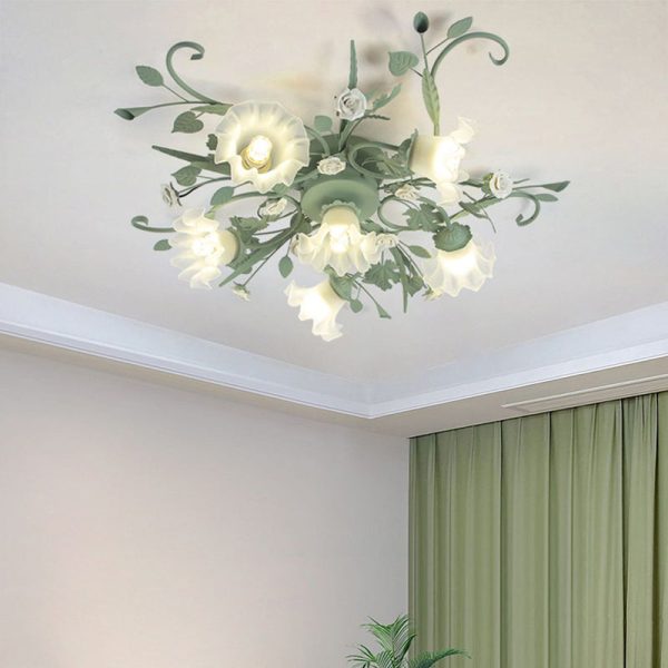 Traditional Rustic Leaf Floral Branch Glass Ceramic Iron 1/4/5/6/9 Light Semi-Flush Mount Ceiling Light For Living Room - Image 3