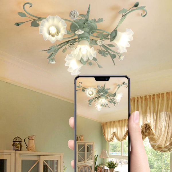 Traditional Rustic Leaf Floral Branch Glass Ceramic Iron 1/4/5/6/9 Light Semi-Flush Mount Ceiling Light For Living Room - Image 21
