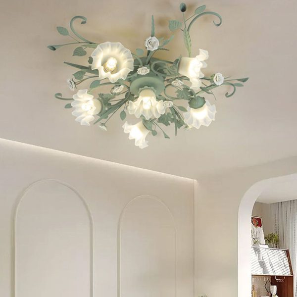 Traditional Rustic Leaf Floral Branch Glass Ceramic Iron 1/4/5/6/9 Light Semi-Flush Mount Ceiling Light For Living Room - Image 22