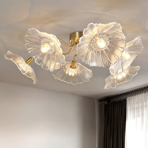 Contemporary Scandinavian Branch Flower Round Glass Iron 5/6 Light Semi-Flush Mount Ceiling Light For Living Room - Image 3