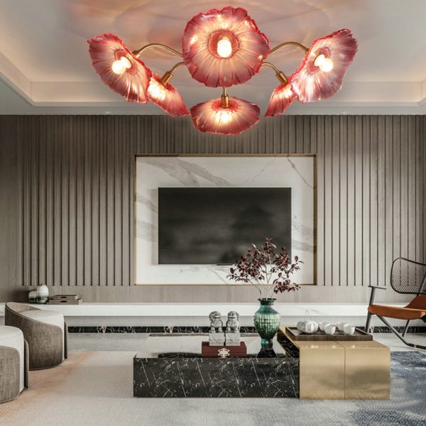 Contemporary Scandinavian Branch Flower Round Glass Iron 5/6 Light Semi-Flush Mount Ceiling Light For Living Room - Image 2