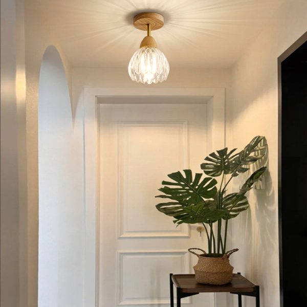 Contemporary Creative Cream Pod Round Glass Wood 1-Light Semi-Flush Mount Ceiling Light For Living Room - Image 2