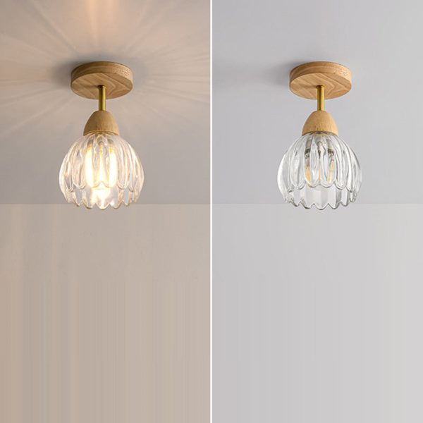 Contemporary Creative Cream Pod Round Glass Wood 1-Light Semi-Flush Mount Ceiling Light For Living Room - Image 5
