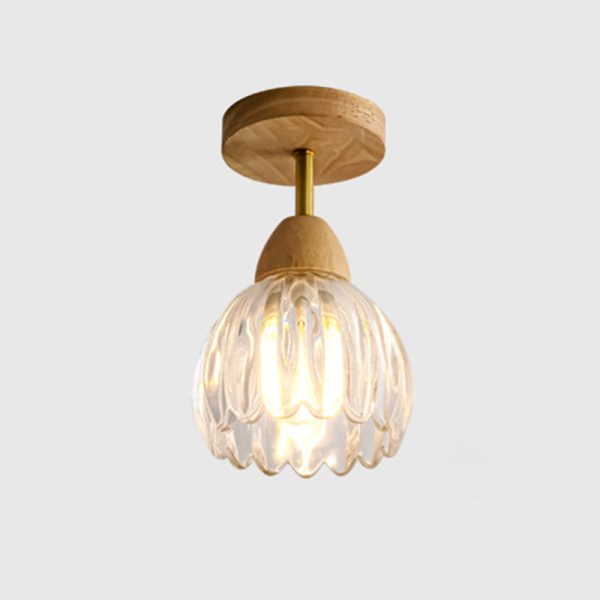 Contemporary Creative Cream Pod Round Glass Wood 1-Light Semi-Flush Mount Ceiling Light For Living Room - Image 6